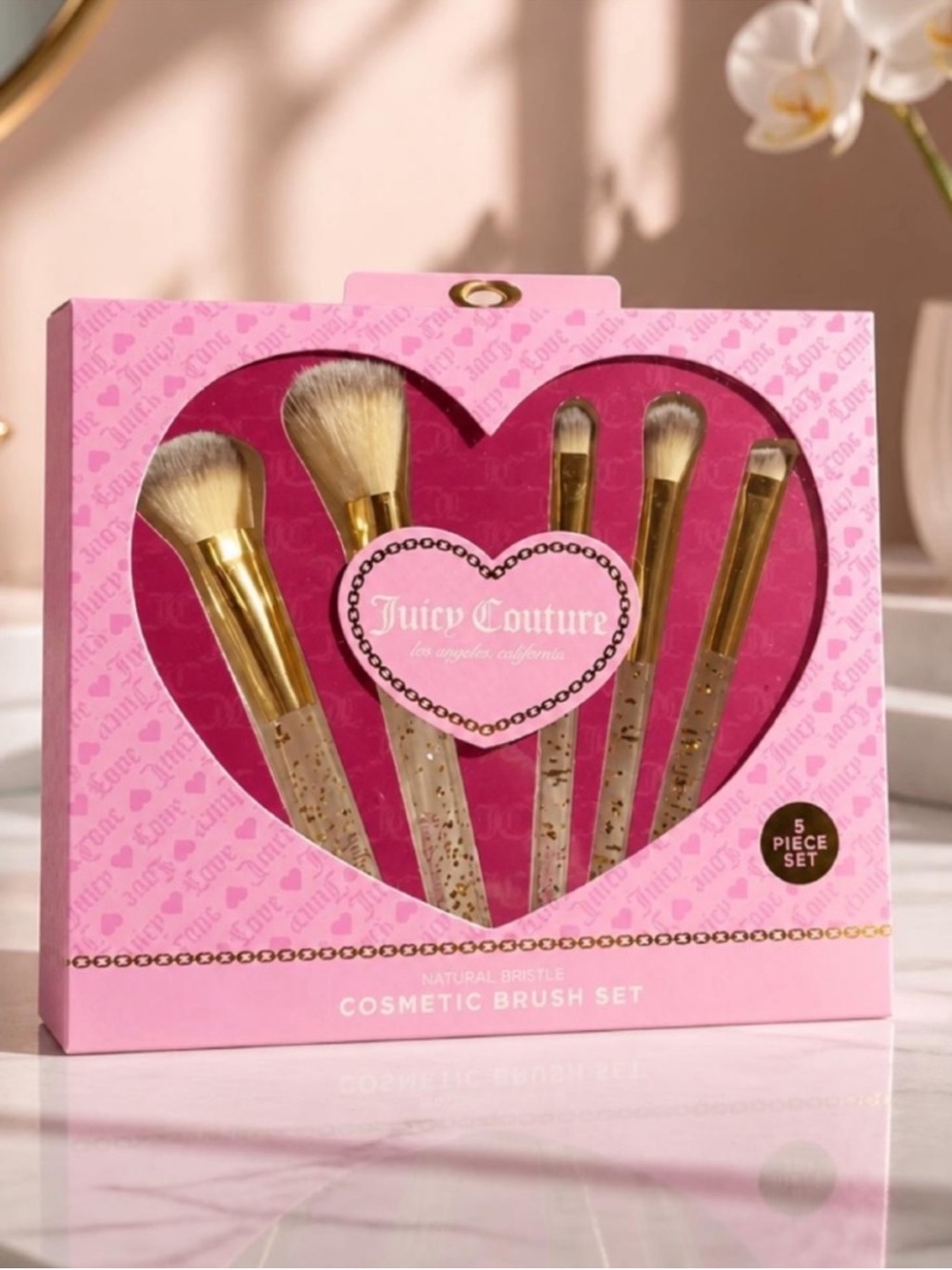 Juicy Couture Five Piece Make up Cosmetic Natural Bristle Sparkly Brush Set